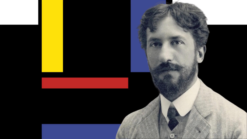 A Black and White Photo of Piet Mondrian with Abstract Geometric Shapes in Yellow, Red, Blue, and Black in The Background